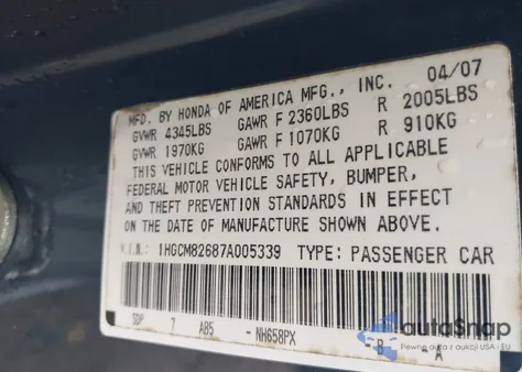 2007 Honda Accord 3.0 Ex from USA, damaged, VIN 1HGCM82687A005339